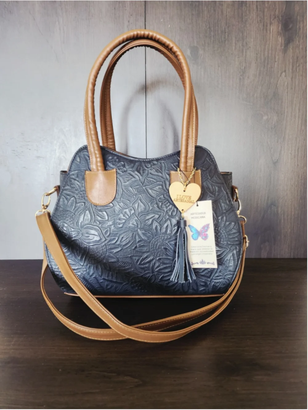 Marine Navy Blue Brown Sunflower Embossed Tooled Artisan LEATHER Hobo Bag Purse